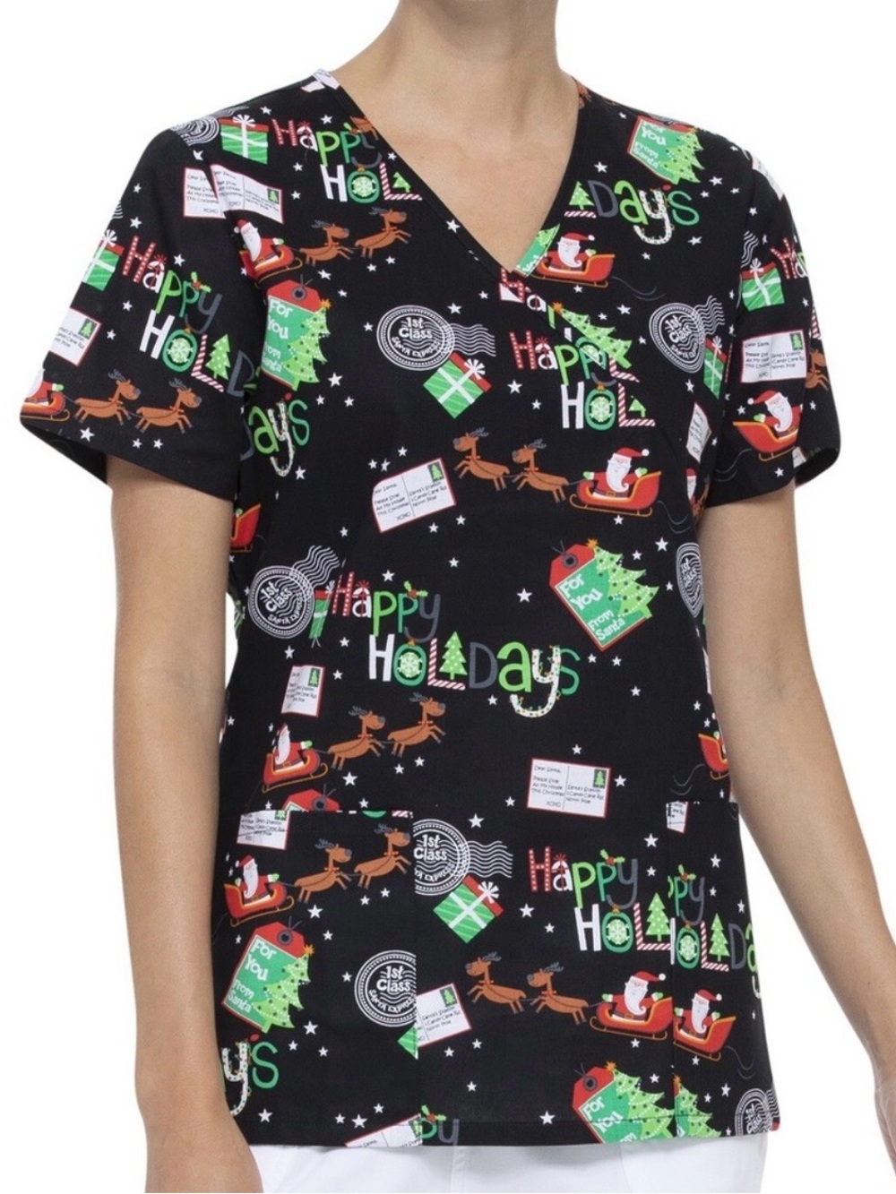Scrubstar Women’s Black Holiday Print Scrub Top “Santa’s Night Flight” 2XL